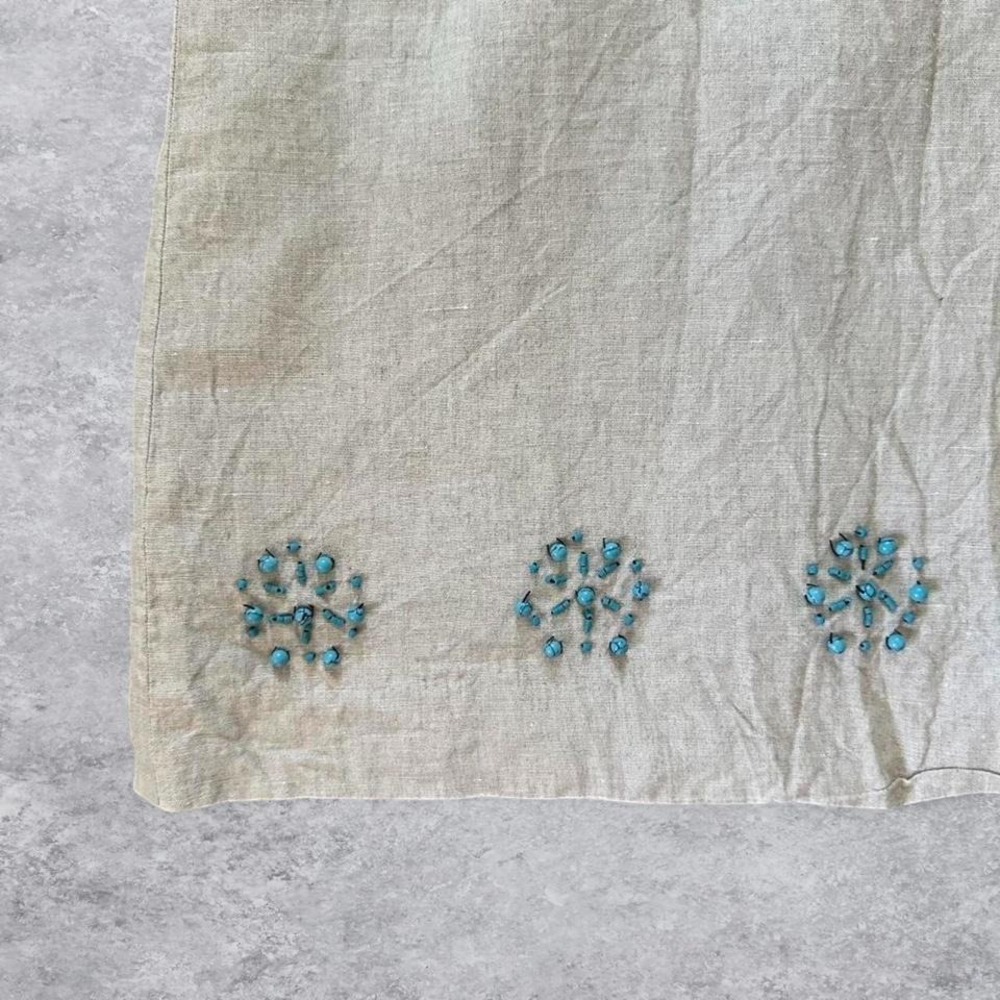 Dual View Beige Linen Beaded Sleeveless Midi Sheath Dress Turquoise Beading‎ - Picture 5 of 8